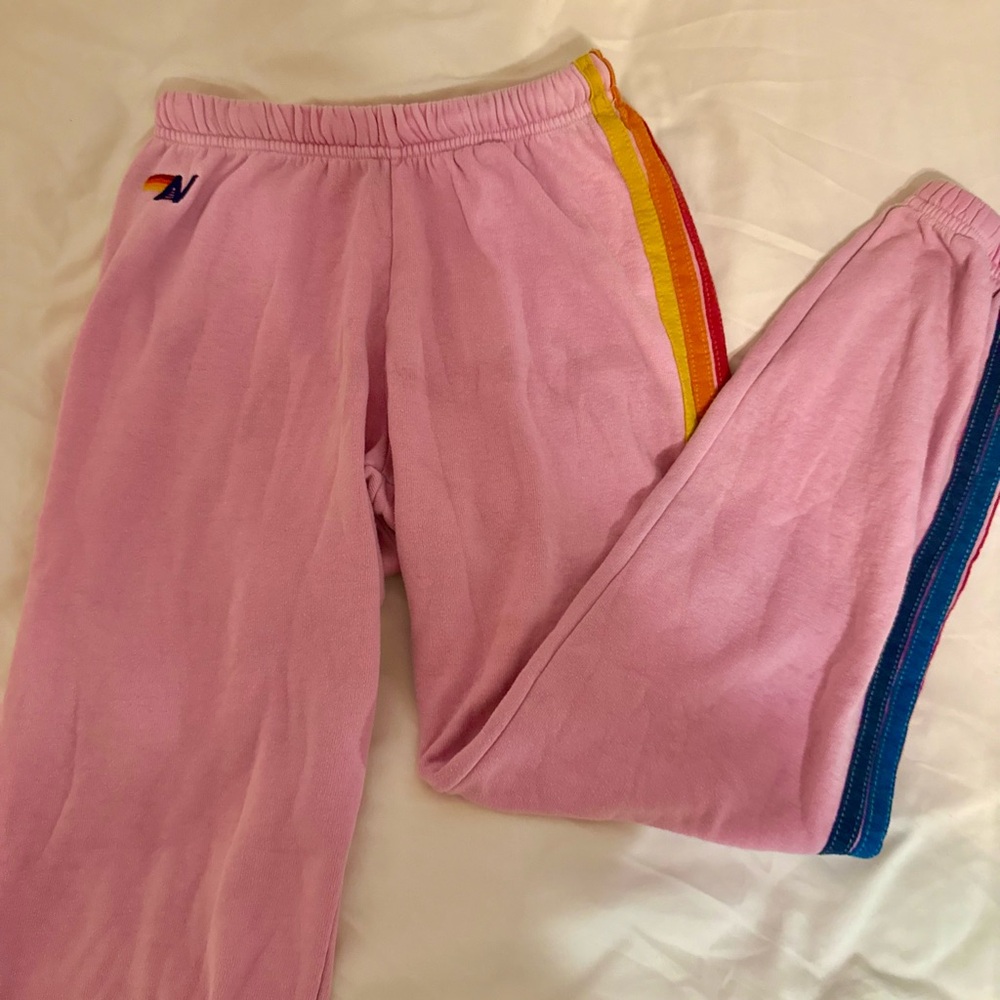 Aviator Nation Pink Sweatpants with Rainbow Stripes